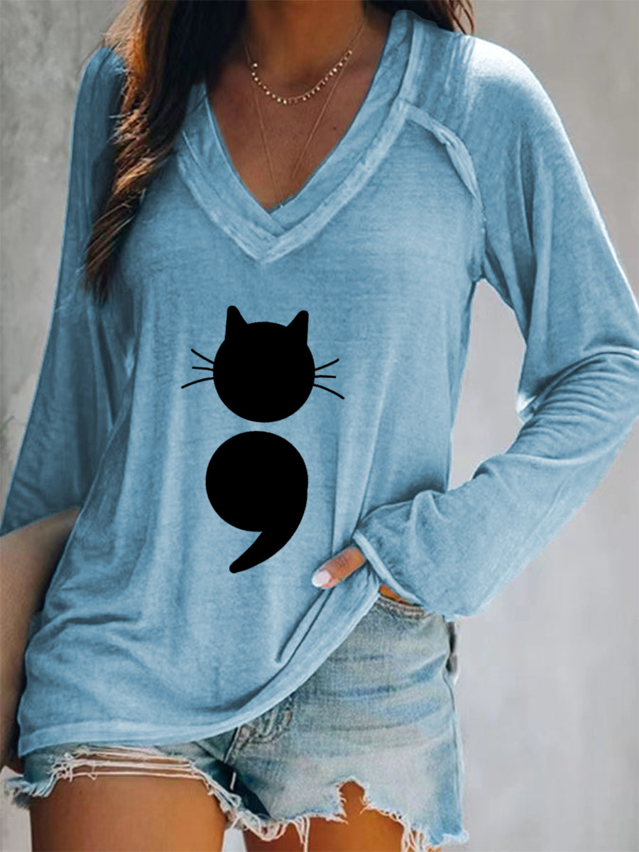 T-shirt à manches longues Cat Print V-Neck pour femmes