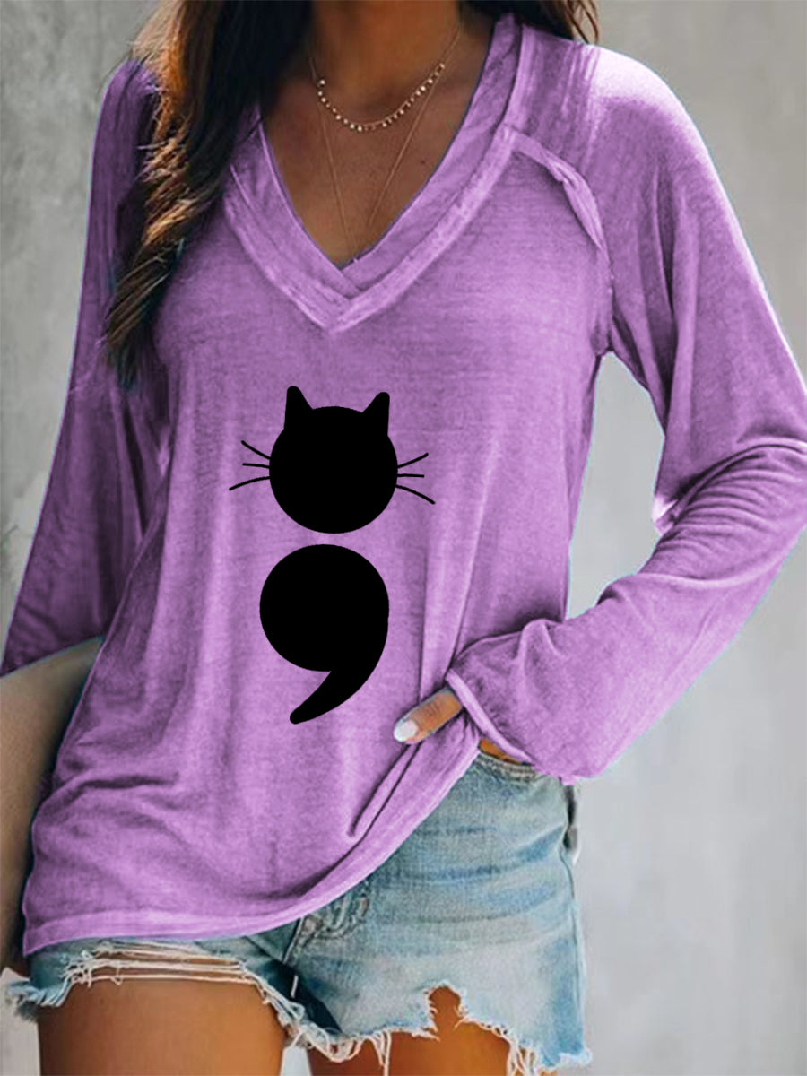 T-shirt à manches longues Cat Print V-Neck pour femmes