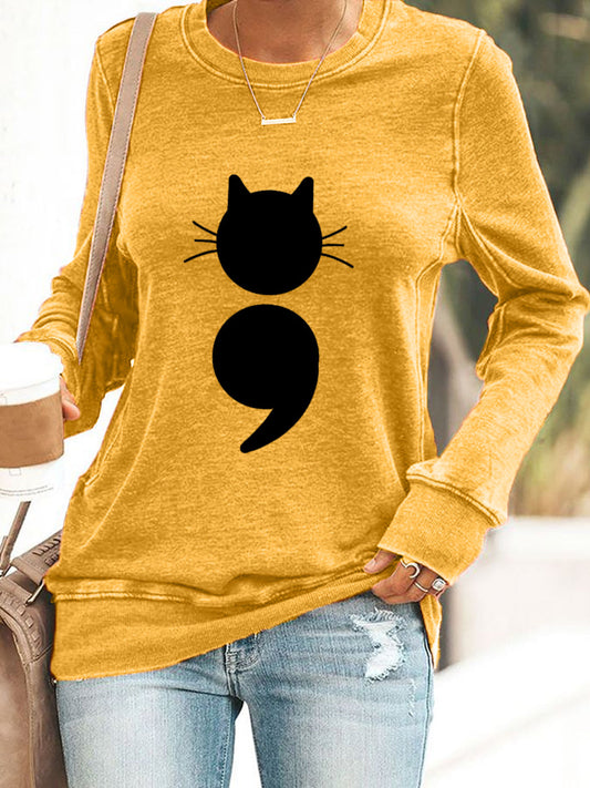 Sweat-shirt à imprimé chat pour femme