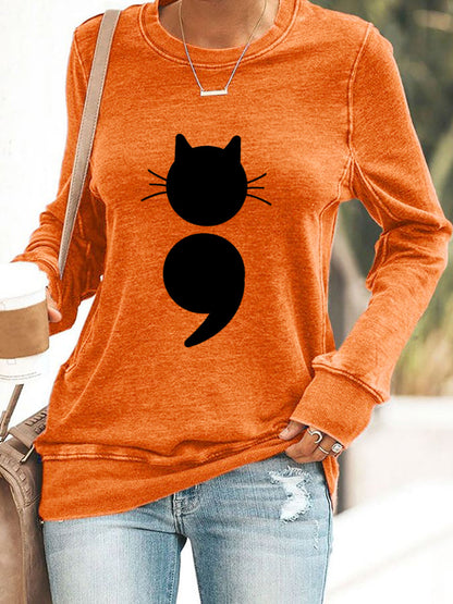 Sweat-shirt à imprimé chat pour femme