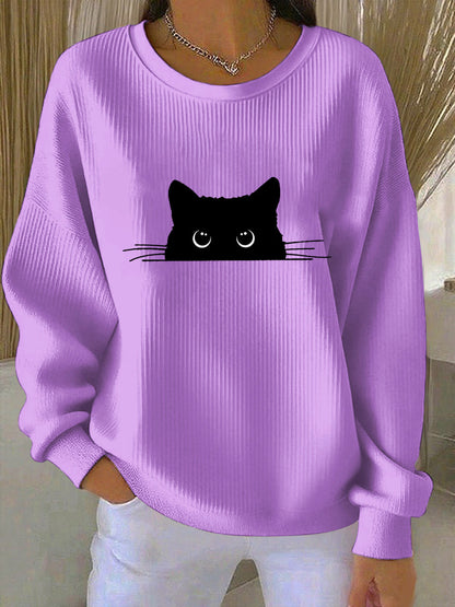 Sweat-shirt imprimé chat mignon pour femme
