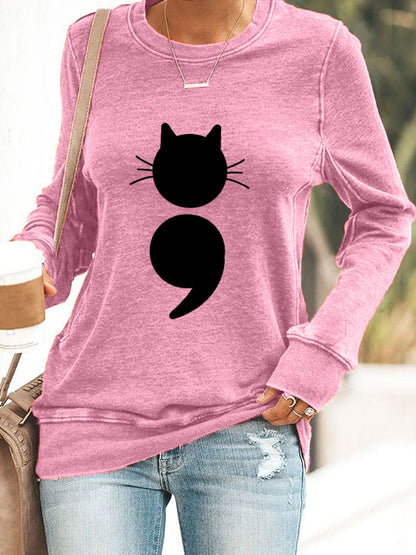 Sweat-shirt à imprimé chat pour femme