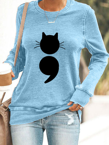 Sweat-shirt à imprimé chat pour femme