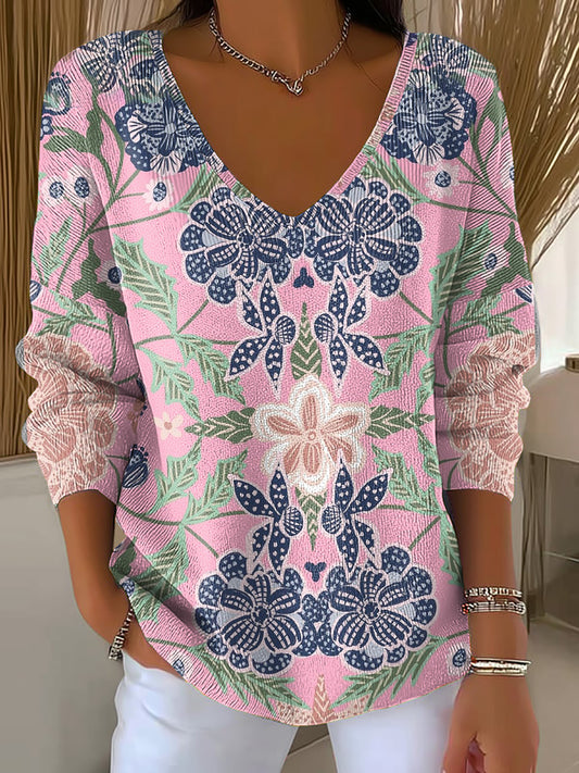 Top Côtelé Femme Rose Imprimé Floral Col V