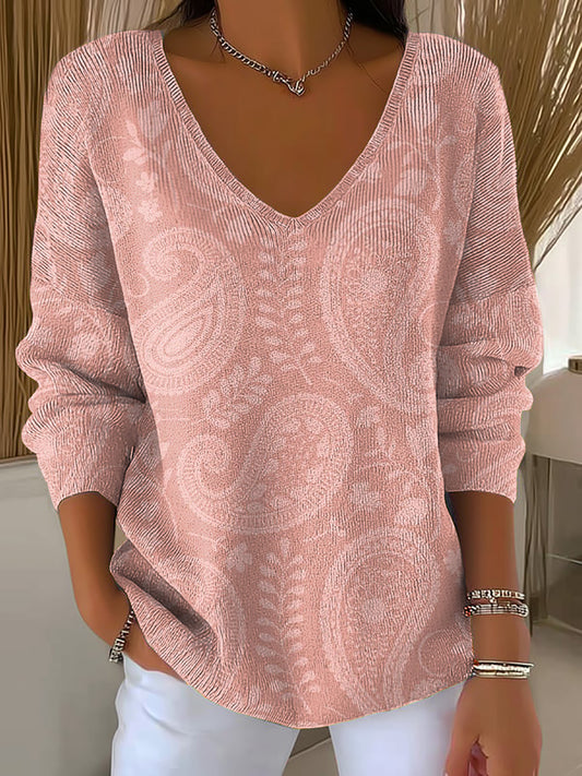 Top Côtelé Femme Rose Imprimé Floral Col V