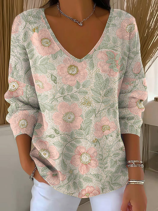 Top Côtelé Femme Rose Imprimé Floral Col V