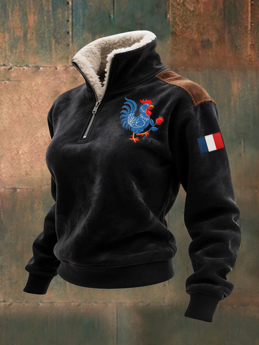 Sweat-shirt Femme à Capuche Imprimé Coq Gaulois Français Avec Fermeture Éclair Et Col En Fausse Fourrure