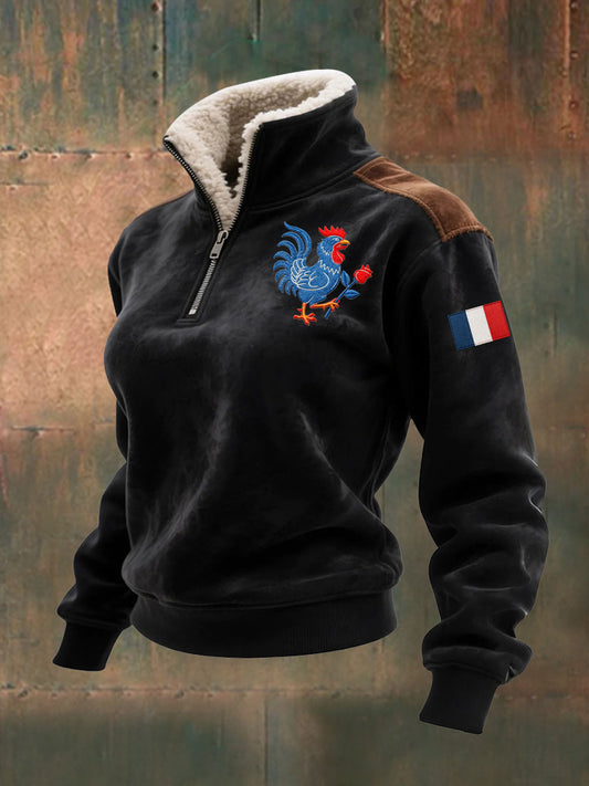 Sweat-shirt Femme à Capuche Imprimé Coq Gaulois Français Avec Fermeture Éclair Et Col En Fausse Fourrure