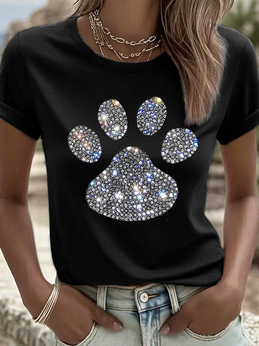 T-shirt à motif de patte de strass brillant pour femmes