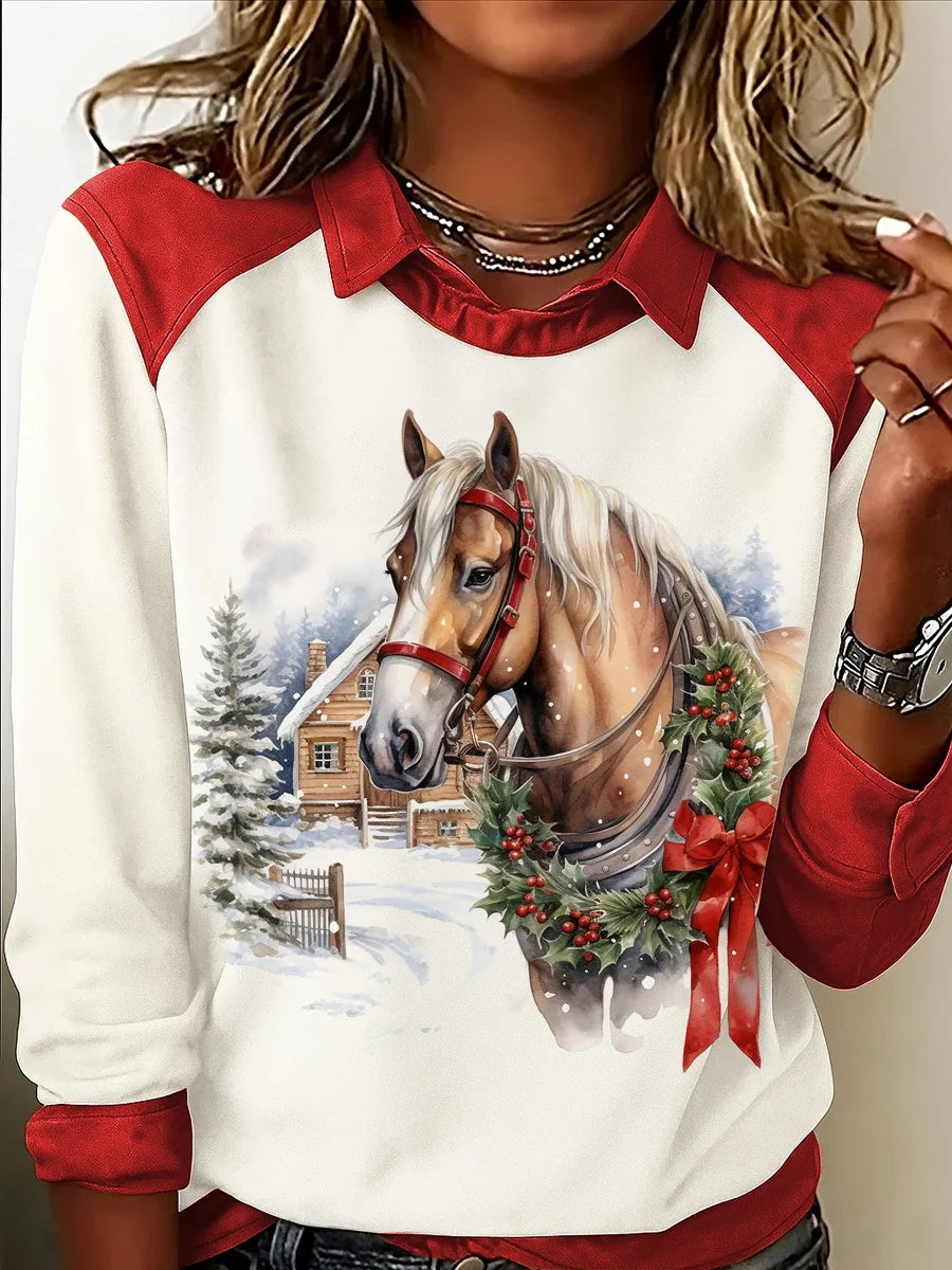 Haut décontracté à imprimé cheval de Noël pour femmes