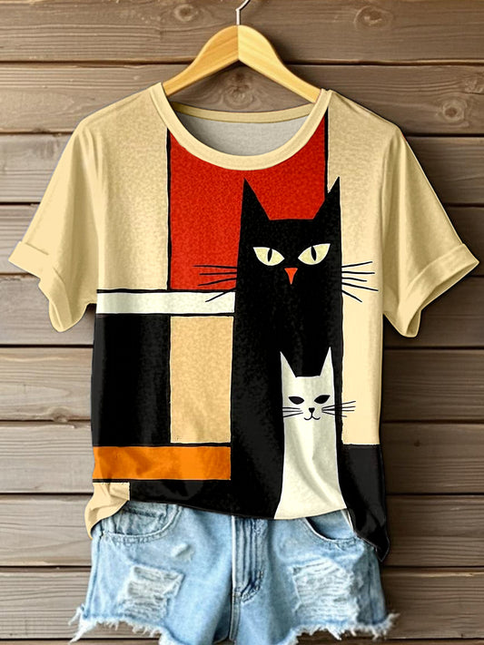 T-shirt imprimé de chat d'art abstrait des femmes