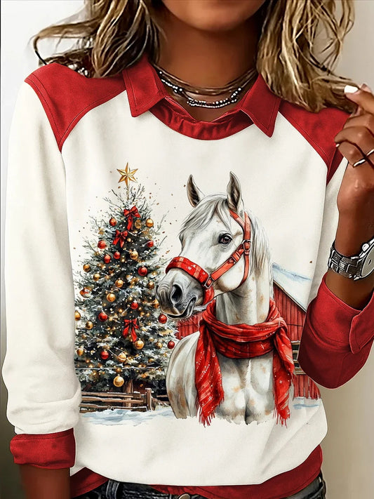 Haut décontracté à imprimé cheval de Noël pour femmes