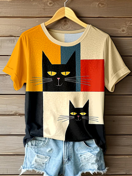 T-shirt imprimé de chat d'art abstrait des femmes