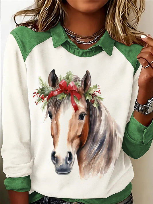 Haut décontracté à imprimé cheval de Noël pour femmes