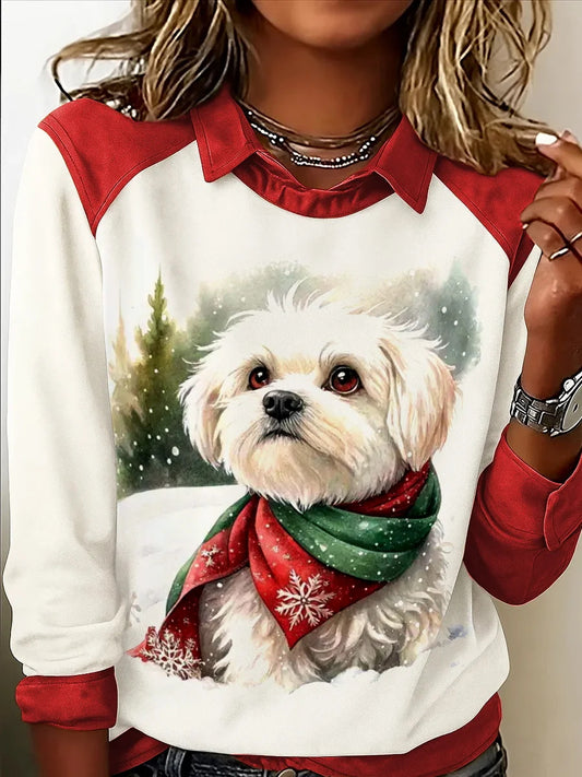 Haut décontracté imprimé chien de Noël pour femmes