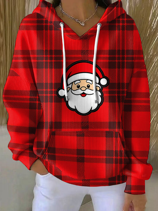 Sweat à capuche décontracté imprimé Père Noël à carreaux rouge pour femmes