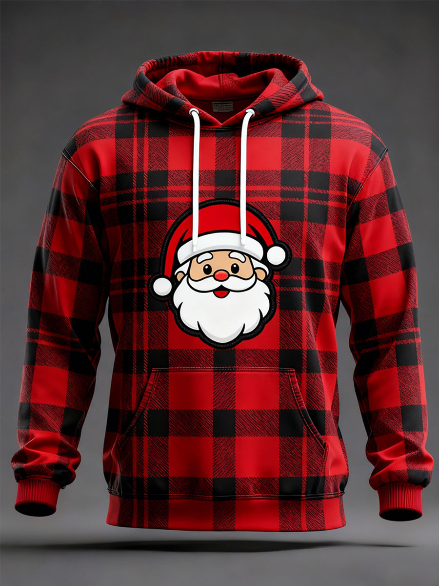 Sweat à capuche imprimé Père Noël à carreaux rouge pour hommes
