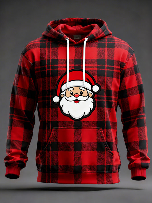 Sweat à capuche imprimé Père Noël à carreaux rouge pour hommes