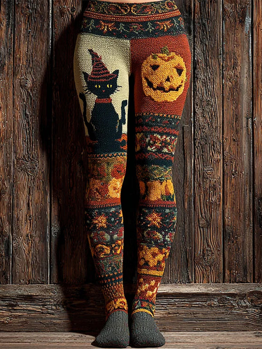 Femmes Halloween Noir Chat & Citrouille Patchwork Art Leggings