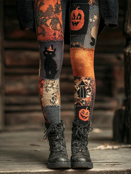 Femmes Halloween Noir Chat & Citrouille Patchwork Art Leggings