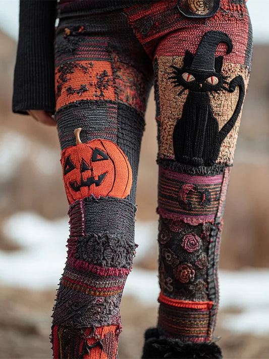 Femmes Halloween Noir Chat & Citrouille Patchwork Art Leggings