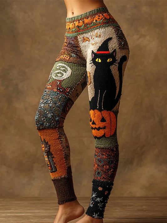 Femmes Halloween Noir Chat & Citrouille Patchwork Art Leggings