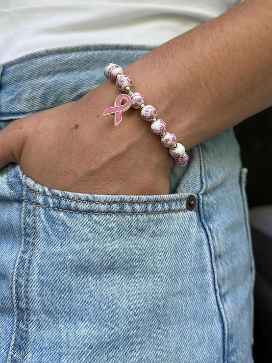 Bracelet Femme Cancer Du Sein En Porcelaine Bleue Et Blanche Ruban Rose