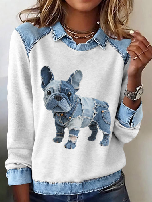 Sweat-shirt à motif patchwork de bouledogue français pour femmes