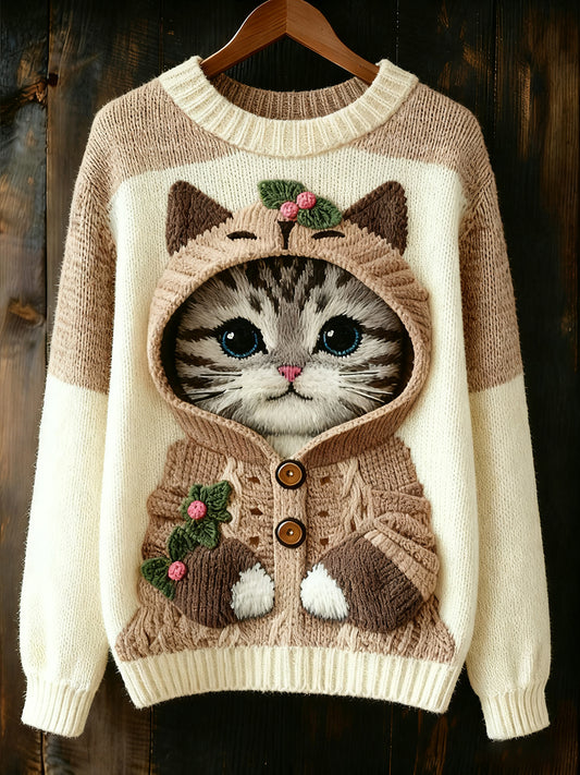 Sweat-shirt mignon d'art de chat d'hiver des femmes