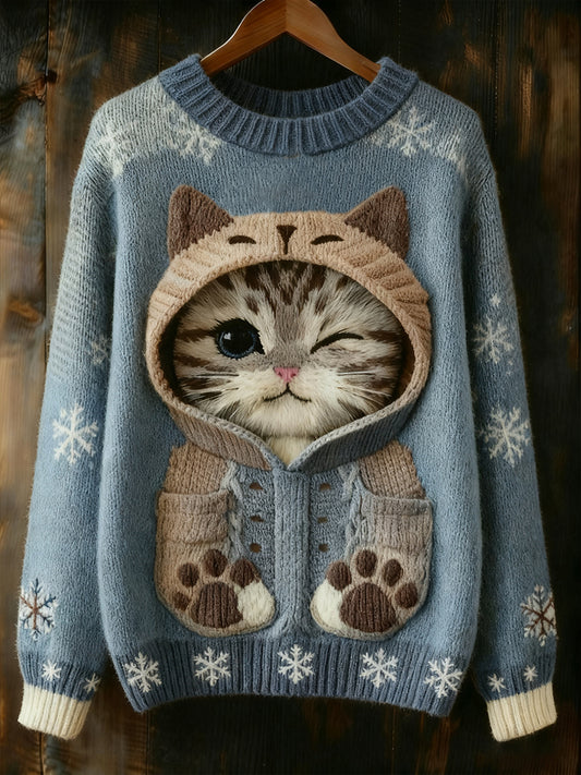 Sweat-shirt mignon d'art de chat d'hiver des femmes