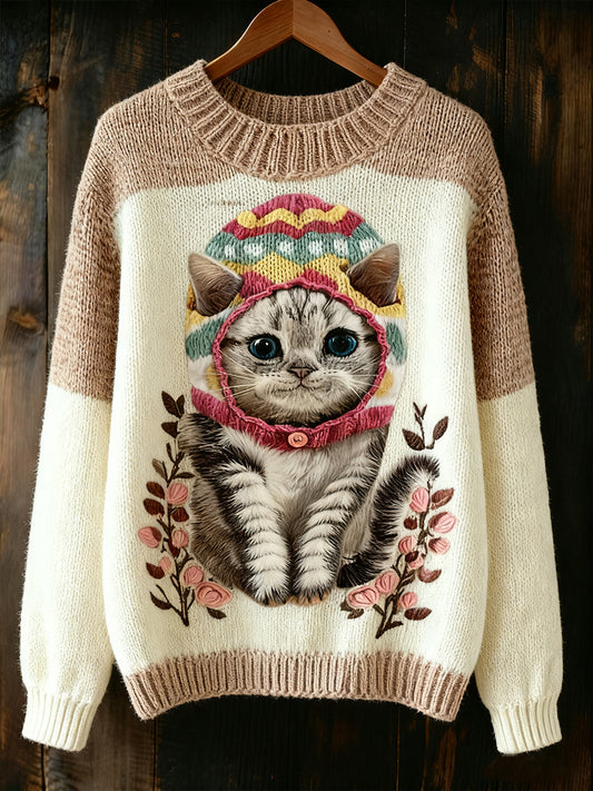 Sweat-shirt mignon d'art de chat d'hiver des femmes