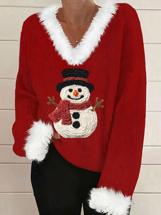 Haut décontracté col en fourrure de bonhomme de neige de Noël pour femmes