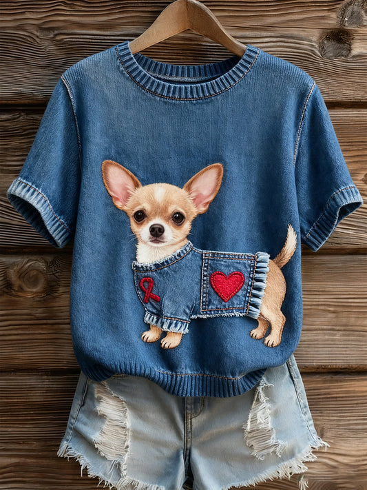 Top à manches courtes en tricot confortable imprimé animal artistique pour femmes
