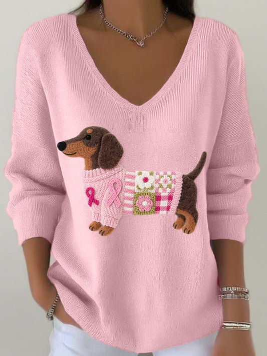 Feutre Art Teckel Motif V-Neck Côtelé Top des femmes