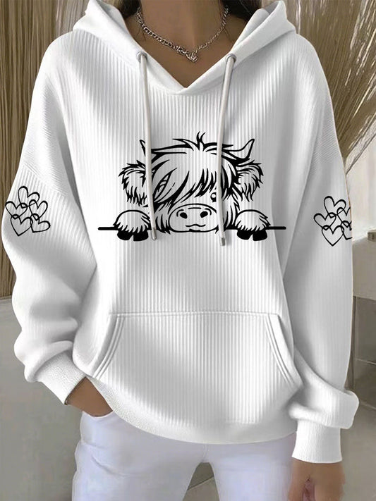 Sweat à capuche décontracté Highland Cow Print pour femmes