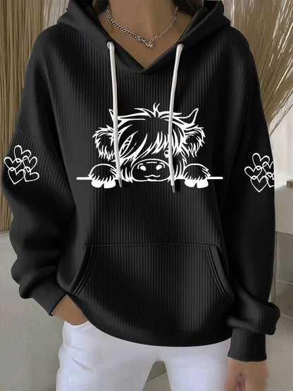 Sweat à capuche décontracté Highland Cow Print pour femmes