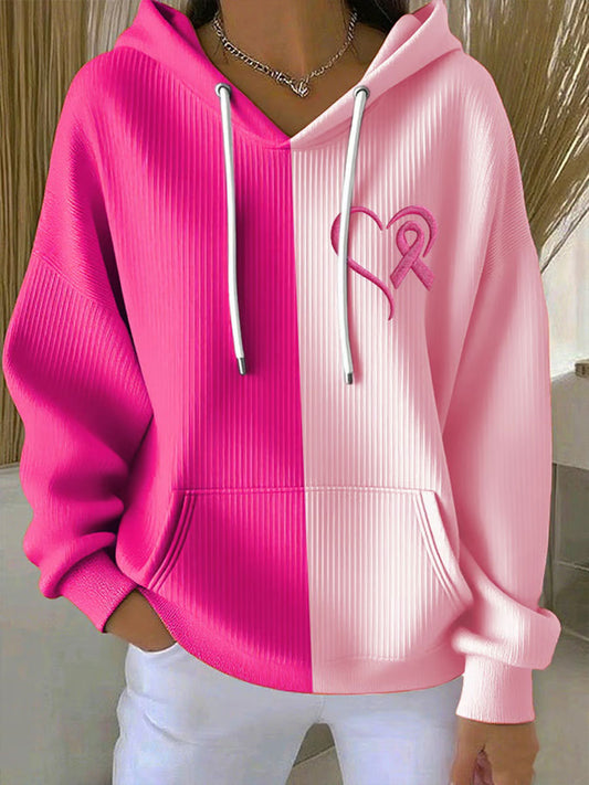 Sweat à capuche décontracté imprimé ruban rose pour femmes