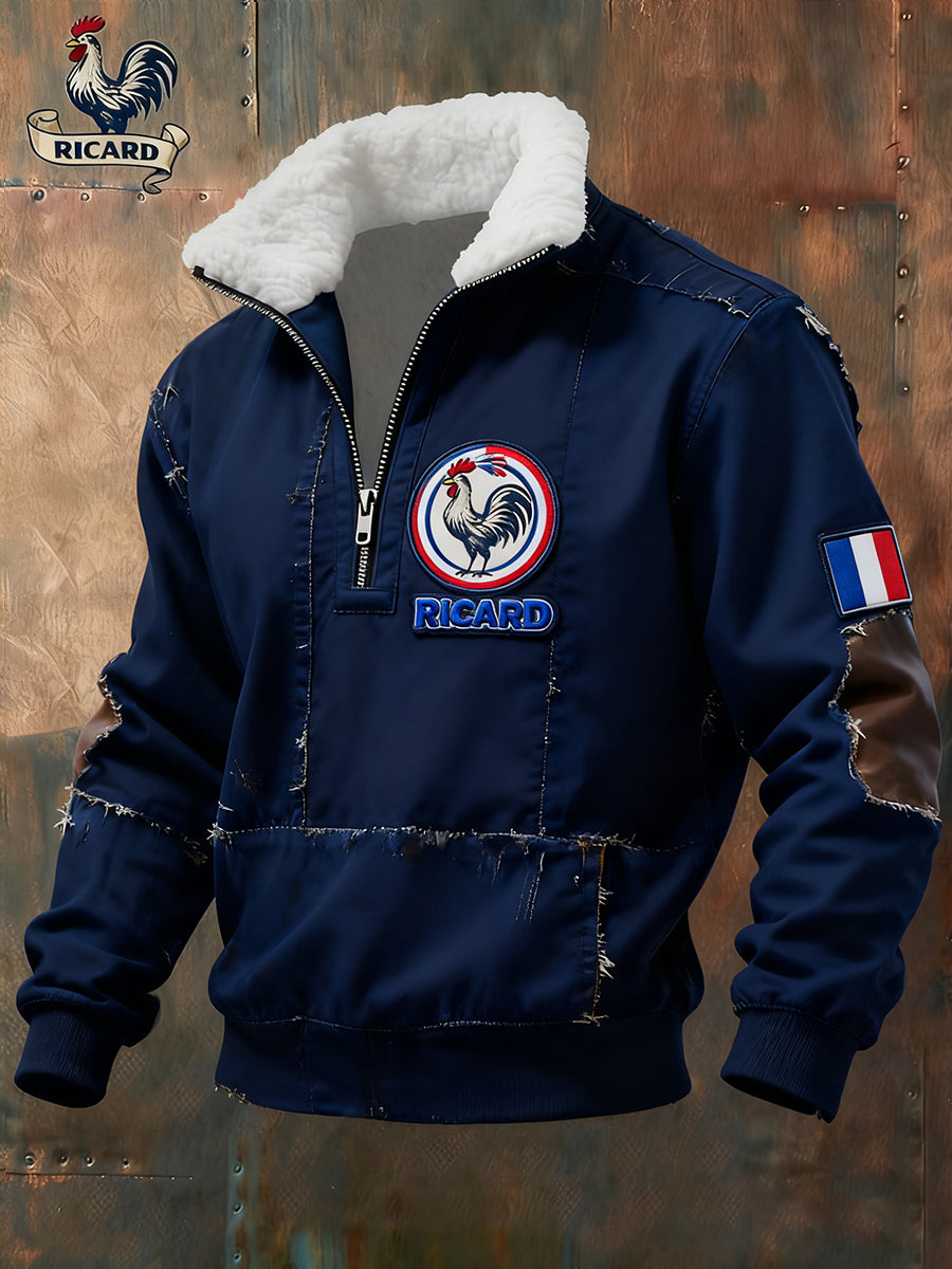 Sweat-shirt à col en fourrure zippé décontracté Ricard pour homme, drapeau français vintage
