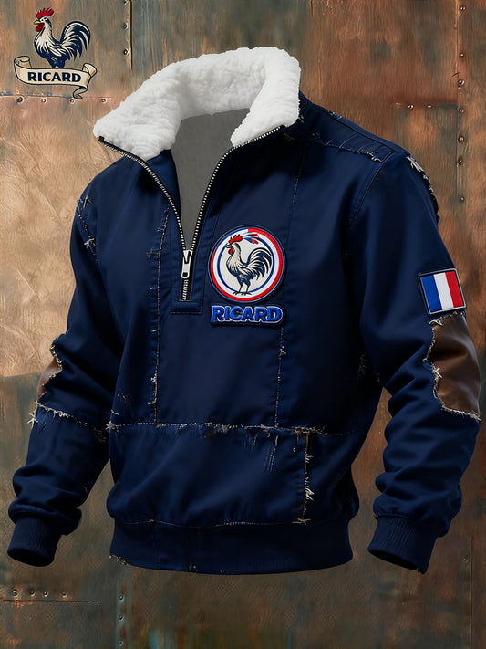 Sweat-shirt à col en fourrure zippé décontracté Ricard pour homme, drapeau français vintage