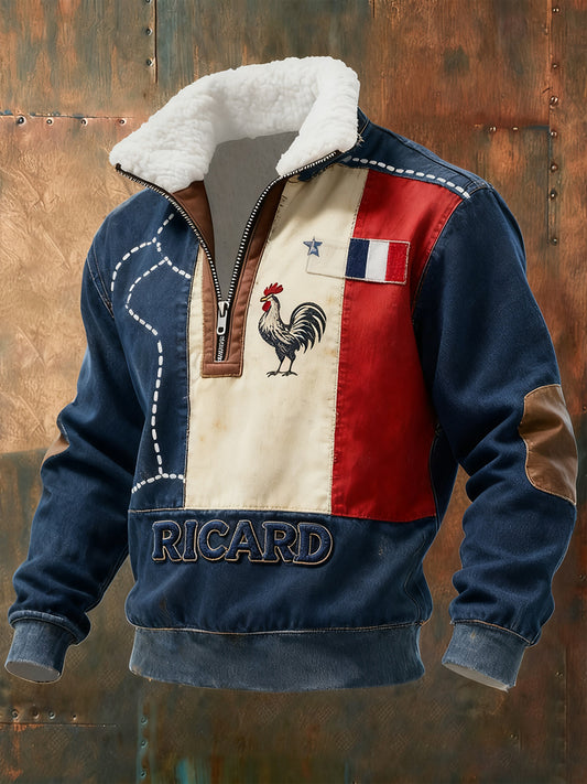 Sweat-shirt à col en fourrure zippé décontracté Ricard pour homme, drapeau français vintage