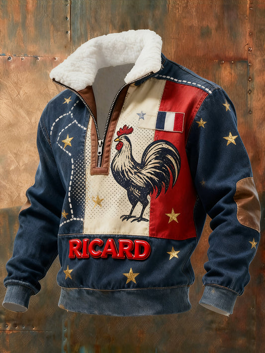 Sweat-shirt à col en fourrure zippé décontracté Ricard pour homme, drapeau français vintage