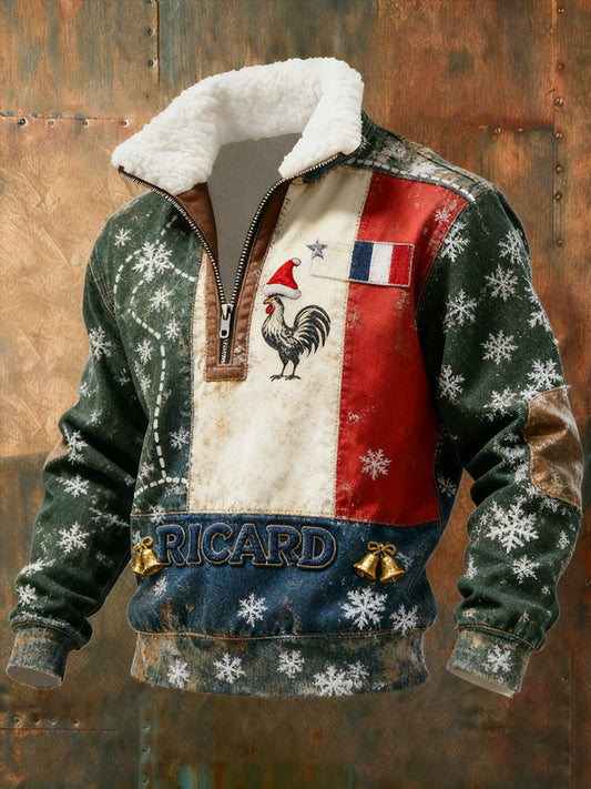 Sweat-shirt à col en fourrure zippé décontracté Ricard pour homme, drapeau français vintage