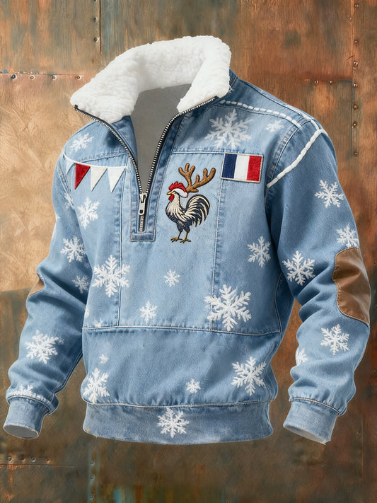 Sweat-shirt à col en fourrure zippé décontracté Ricard pour homme, drapeau français vintage