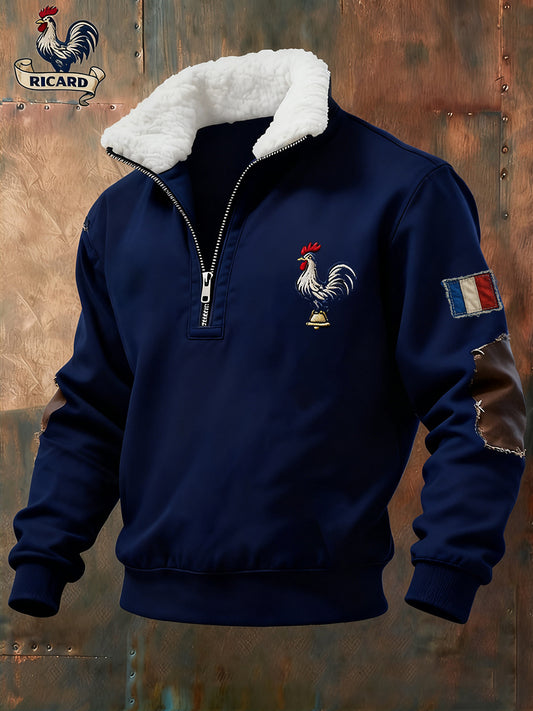 Sweat-shirt à col en fourrure zippé décontracté Ricard pour homme, drapeau français vintage