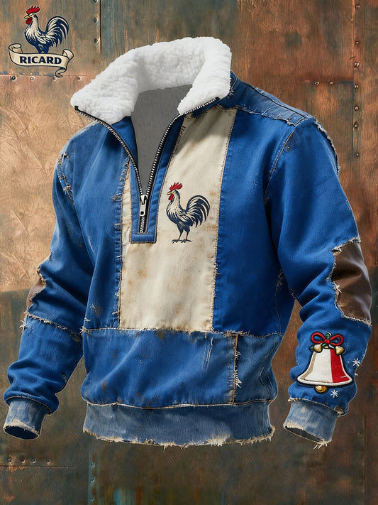 Sweat-shirt à col en fourrure zippé décontracté Ricard pour homme, drapeau français vintage