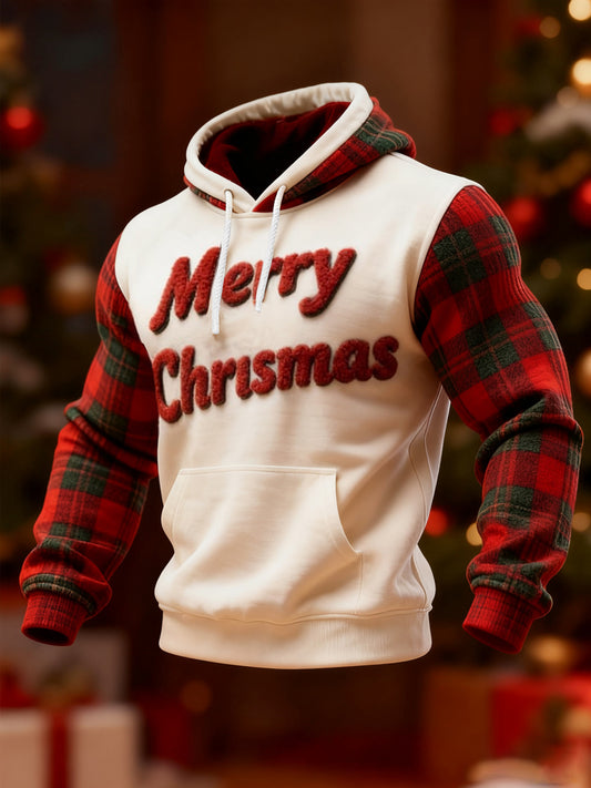 Sweat à Capuche Décontracté Joyeux Noël Rouge Imprimé à Carreaux Pour Hommes