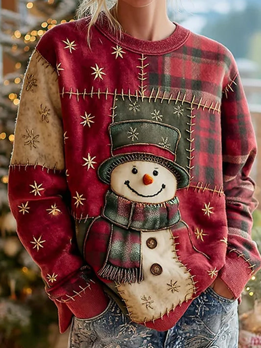 Femme Bonhomme De Neige De Noël Avec Plaid Patchwork Art Sweatshirt
