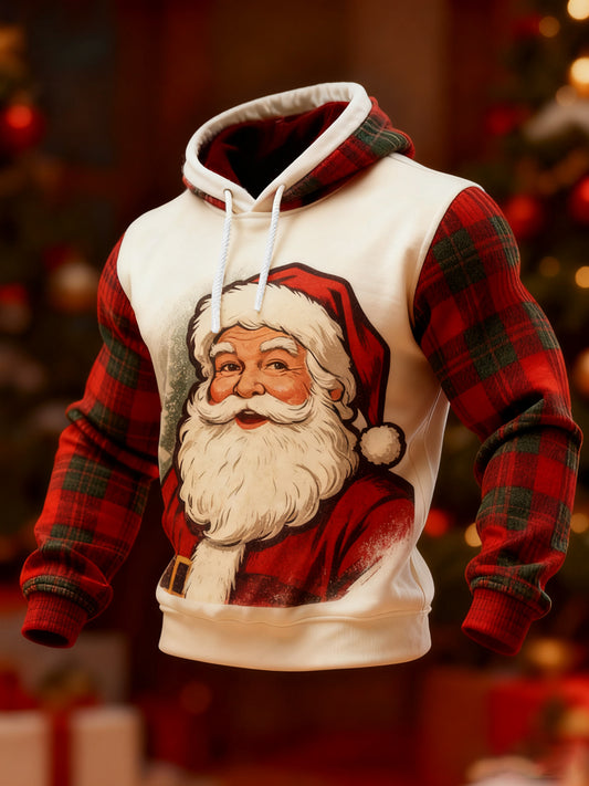 Sweat à capuche décontracté imprimé rouge à carreaux Père Noël Vintage pour hommes