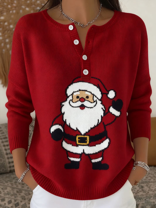 Les femmes de Noël Père Noël Imprimer Boutons Casual Top manches longues