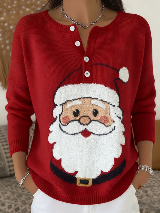Les femmes de Noël Père Noël Imprimer Boutons Casual Top manches longues